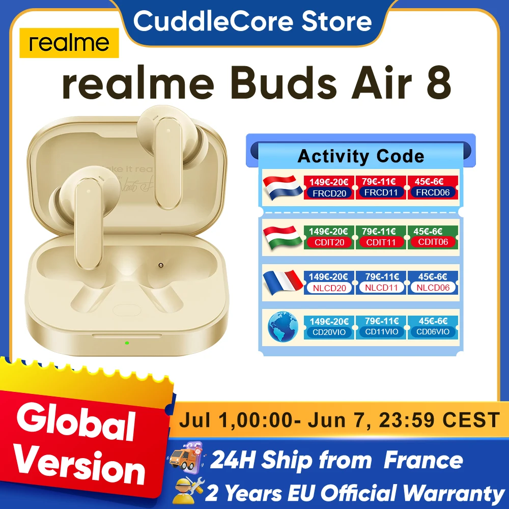 Auricolari Bluetooth Realme Buds Air 8 per Realme 16 Pro Plus e Realme GT 8 Pro, con assistente AI, 55dB, 58 ore di durata della batteria
