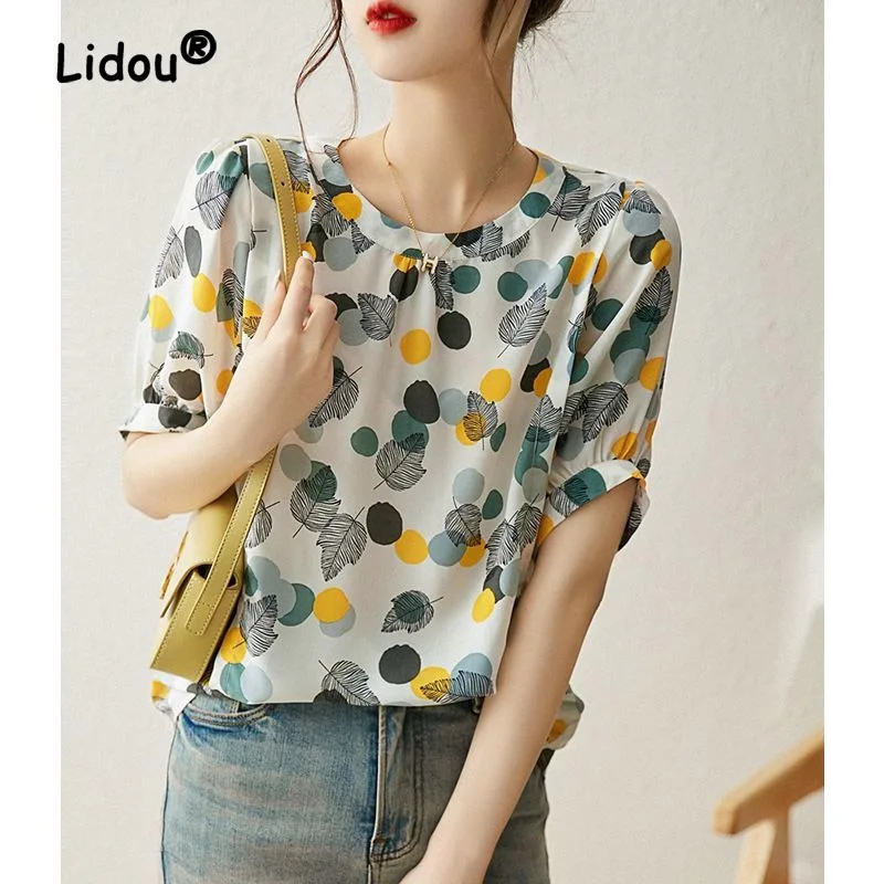 Fashion Printing Summer Loose Unique Sense of Design Blouse Women New Classic Half Sleeve Slim O-collar Office All-match Shirt