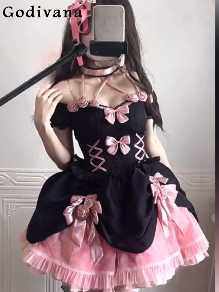 

New Elegant Black Pink Rose Sweet Sexy Slash Neck Lolita Fairy Dress Fashion High Waist A-line Fishbone Cake Princess Dresses