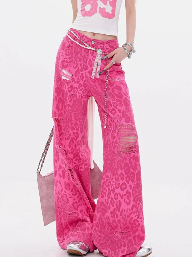 

Women Leopard Print Jeans Dopamine Ripped Wide Leg Pants Summer Loose Straight Distressed Denim Trousers Floor Length Trendy