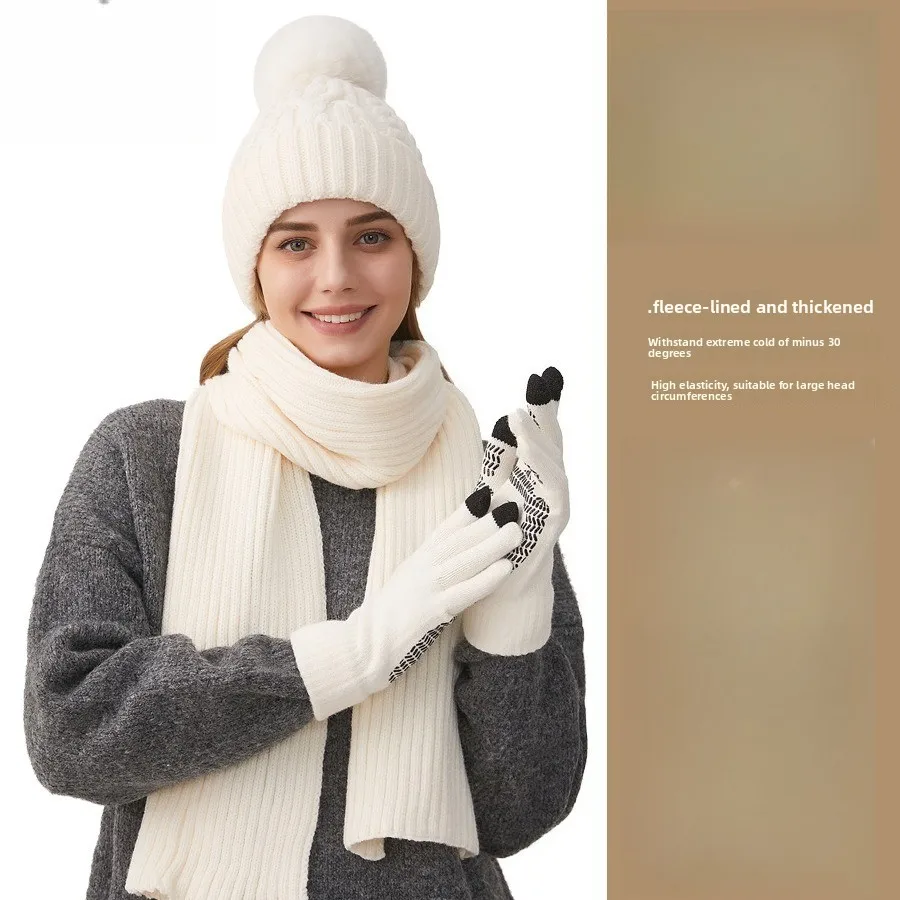 Hot Sale New Knitted Hat Scarf Gloves Three-piece Women's Winter Versatile Thickened Ear Protector Warm Hat Scarf Kit