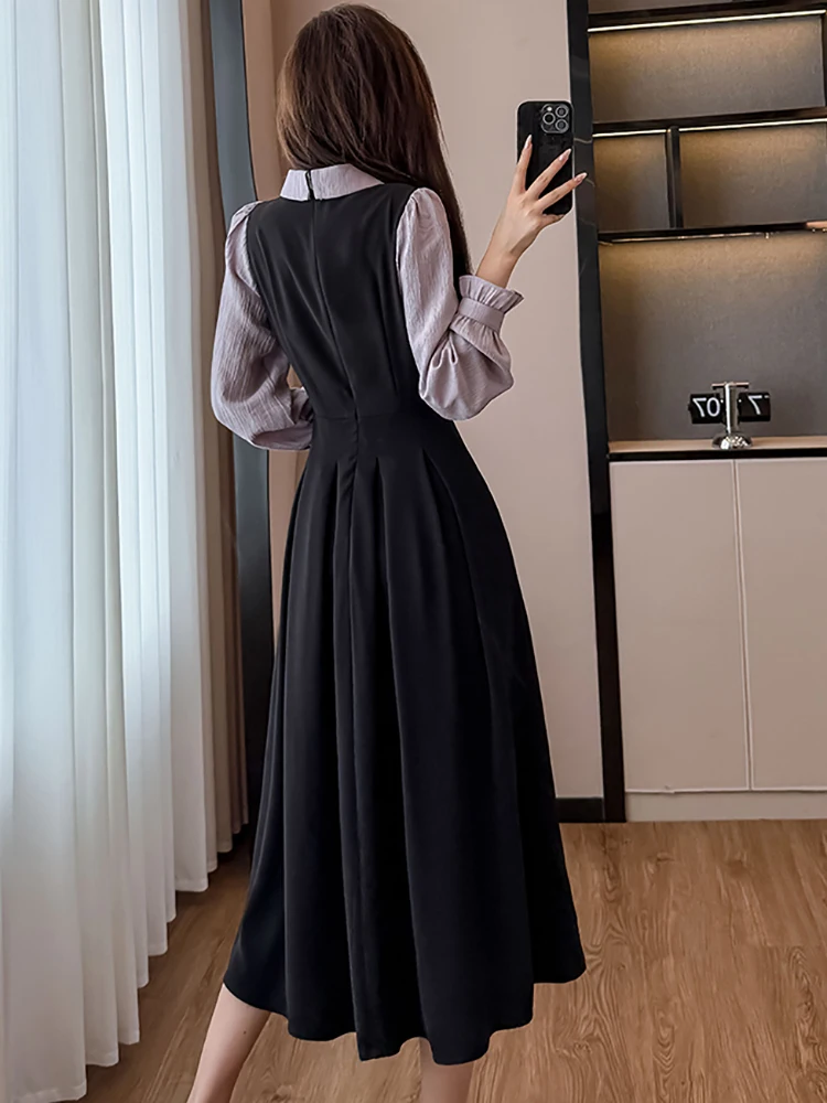 Robe longue noire en Patchwork pour femmes, manches longues, col Polo, avec nœud, élégante, moulante, Vintage coréenne, automne hiver, 2025