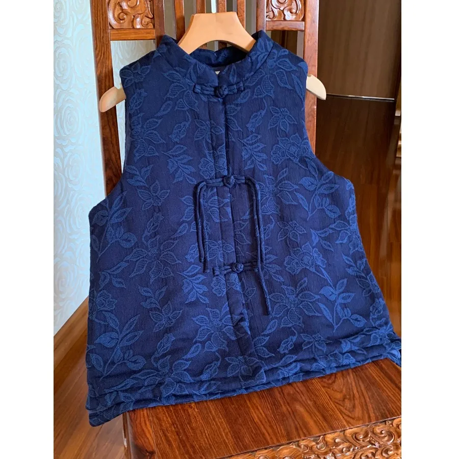 

Autumn Winter Thin Cotton Vest Handmade Embroidery Loose Casual Button-Up Women's Faionable ort Length Polyester Blend