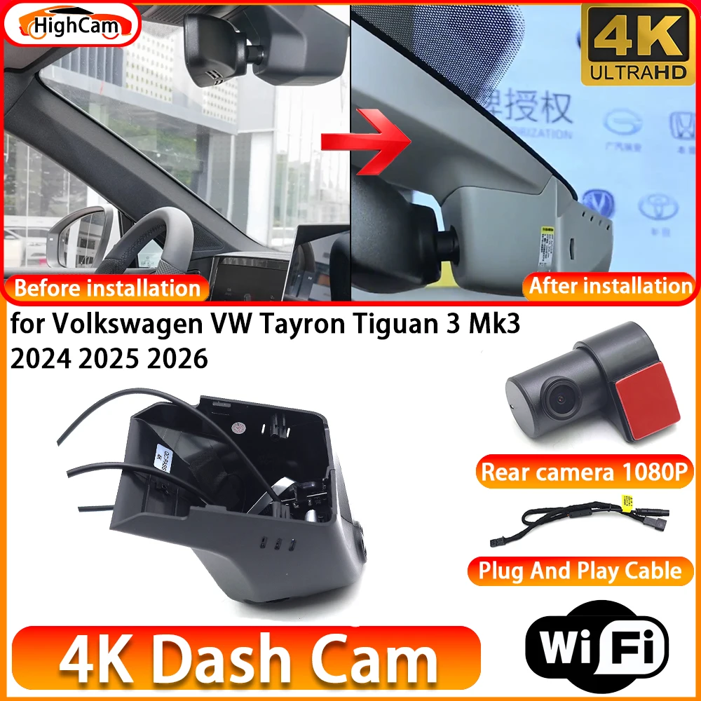 for Volkswagen VW Tayron Tiguan 3 Mk3 2024 2025 2026 OEM 4K DVR Dash Cam Front Rear Camera WiFi Video Recorder Plug and Play
