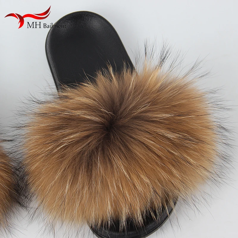 Real Raccoon Fur Slippers For Women 2023 Summer Fluffy Indoor House Fuzzy Flat Slides Outdoor Fashion Beach Sandals Flip Flops