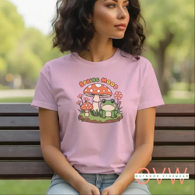 Spring Mood Frog T Shirt Boho Mushroom Cottagecore Whimsical Nature Botanical Lover Cute Toadstool