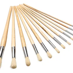 12 Pcs Set Oil Brushes Round Head Pig Bristle Hair Acrylic Art Brushes Long Birch Wood Rod Hand Drawn Row Brush Artist Supply