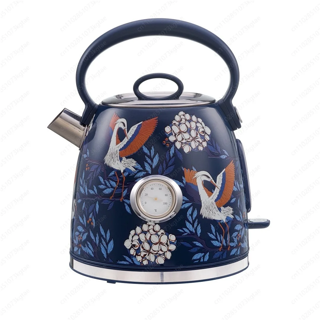 1.7L large capacity 304 stainless steel retro crane printing electric kettle boiling water blue