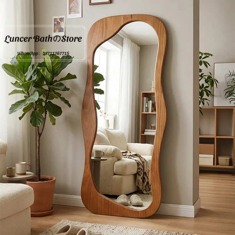 Mid-Century Modern Wavy Full Length Mirror, Irregular Wave Shape Solid Wood Floor Mirror, Vintage Bedroom Standing Mirror