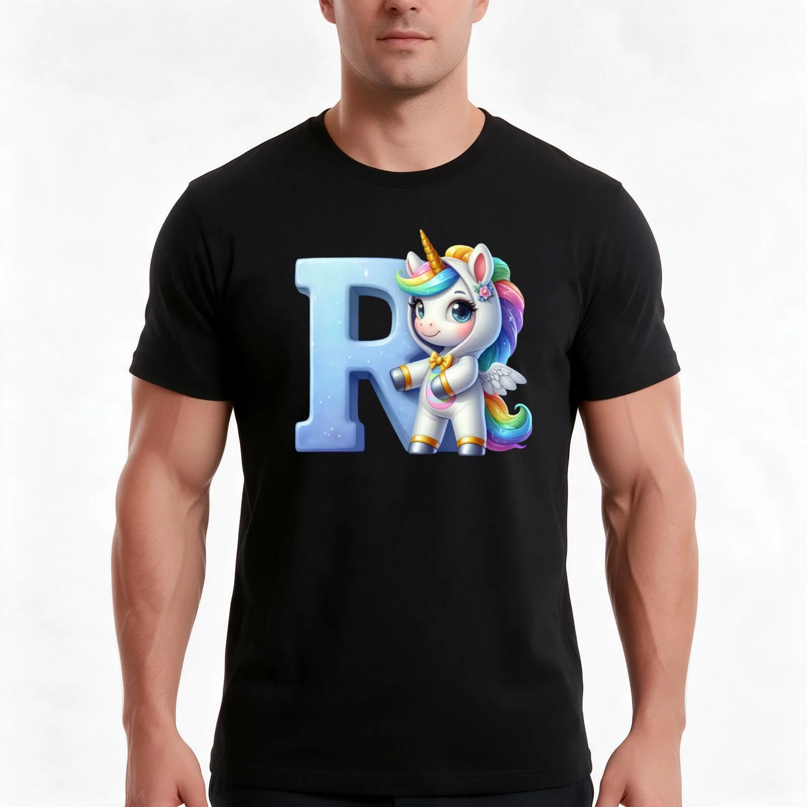 Unicorn kawaii alphabet monogram letter R T-Shirt Summer Casual Cotton Tee Oversized Streetwear Tops Vintage Graphic Print