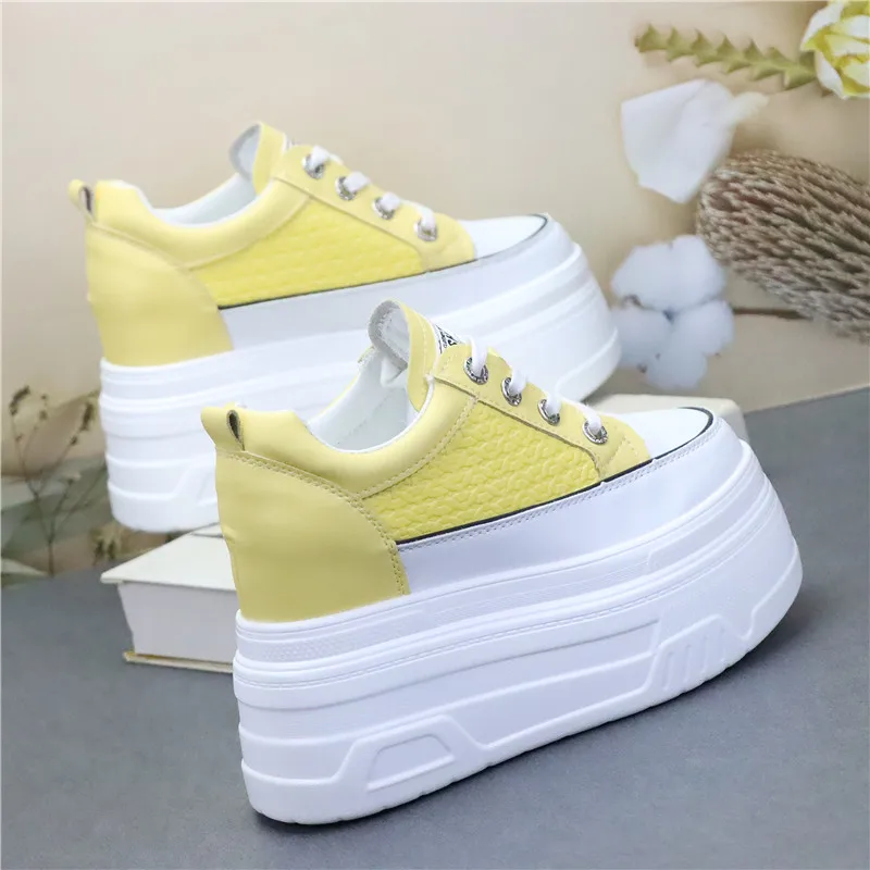 Large Size Women's Small White Shoes Internal Height Increase 10cm Short Stature Super High Heel 12cm Casual Breathable Shoes
