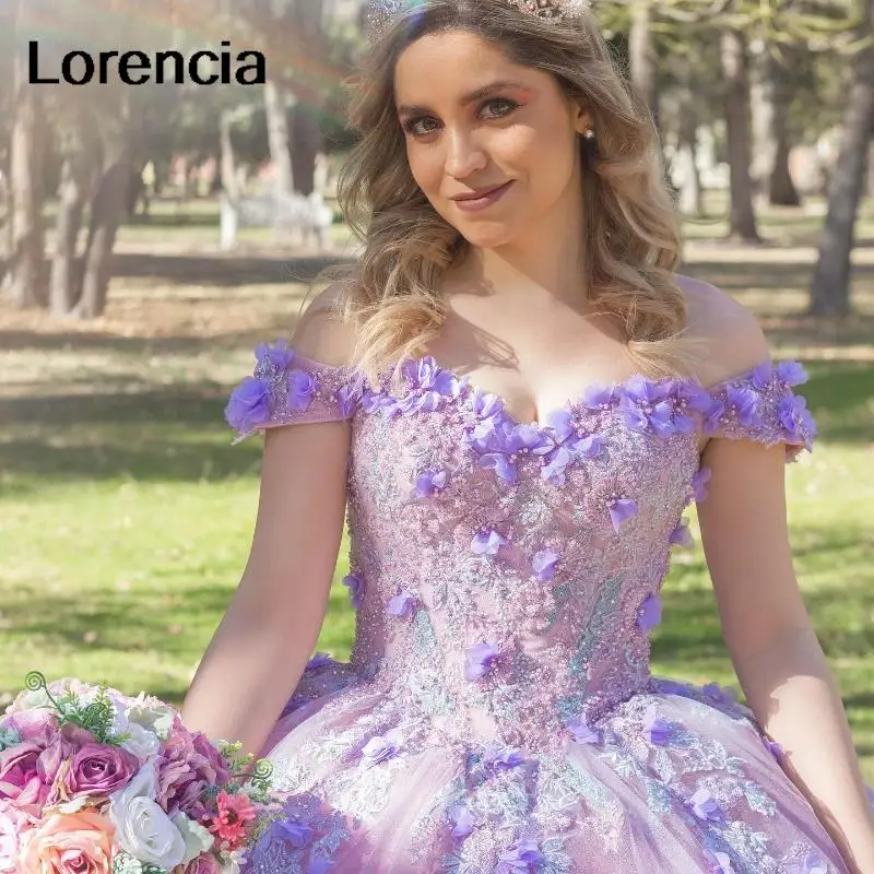 Lorencia-vestido De quinceañera rosa para niña, vestido De baile con apliques De encaje Floral lavanda, corsé con cuentas, dulce 16, YQD603, 15 Años