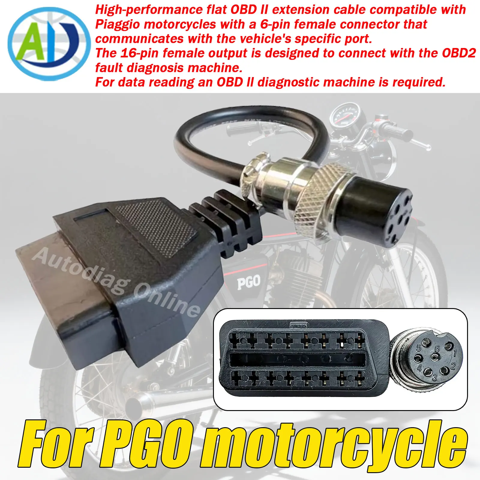 

OBD2 Diagnostic Cable for PGO 6pin to 16Pin OBDII Motorcycle Scanner Connector for PIAGGIO Vehicle Connector OBDII Adapter Cable