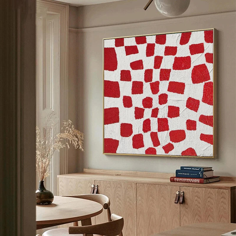 

Red And White Abstract Geometric Wall Art Canvas Poster Picture- Contemporary Minimalist Decor for Living Room And Dining Room