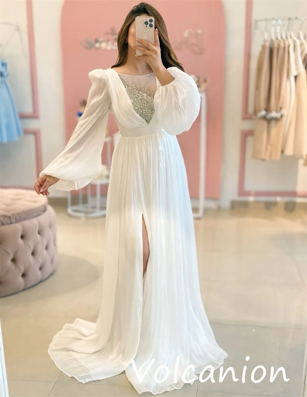 Maßgeschneiderte, hochwertige Chiffon-Pailletten-Falten-A-Linien-Langkleider mit U-Ausschnitt, maßgeschneiderte, passende Anlässe