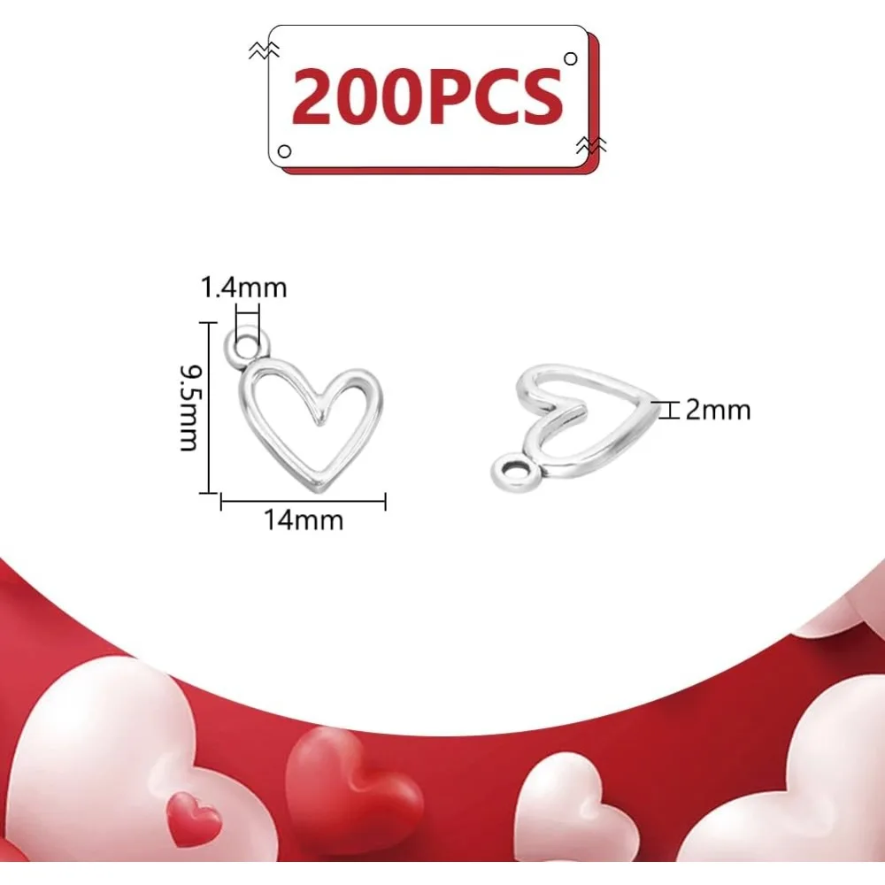 200Pcs Heart Charms Tibetan Heart Love Charms Cute Antique Silver Jewelry Charms for Keychains Earrings Bracelets kit