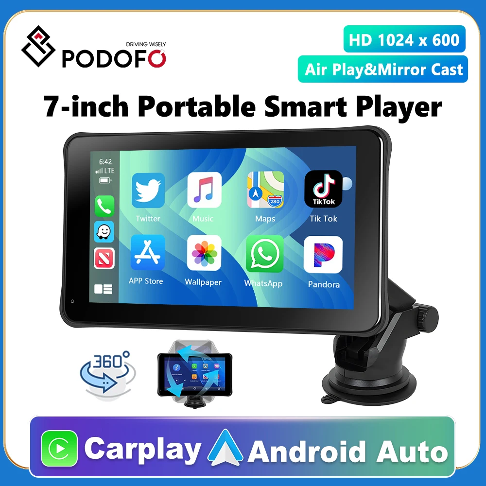 

Podofo 7" Screen AirPlay Carplay MP5 Portable Smart Player Supports Android Auto With Voice Control Dash Cam DVR Recording