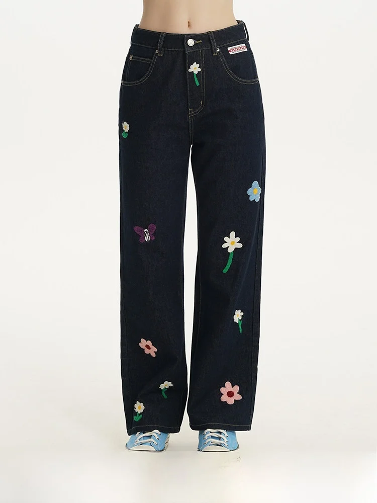 TIPSEVEN Original Design  Floral Embroidery Straight Leg Jeans Cute Personality Cotton Stretch Denim Women's Jeans