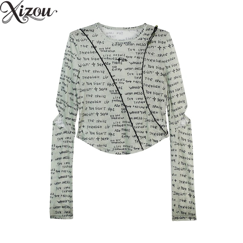 

2025 женские крутые американские весенне-осенние футболки с длинным рукавом и буквенным принтом, нерегулярные облегающие рубашки с отверстиями, милые трендовые топы