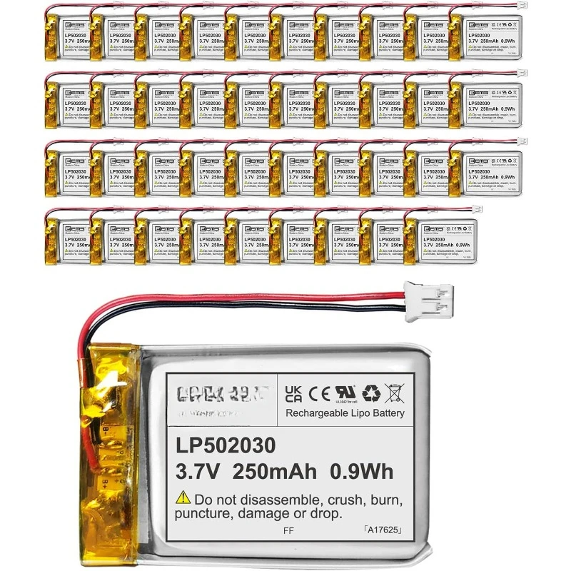 

40PACK Lithium Polymer Battery 3.7V 250mAh 502030 Lipo Rechargeable Battery Pack with Wire JST Connector