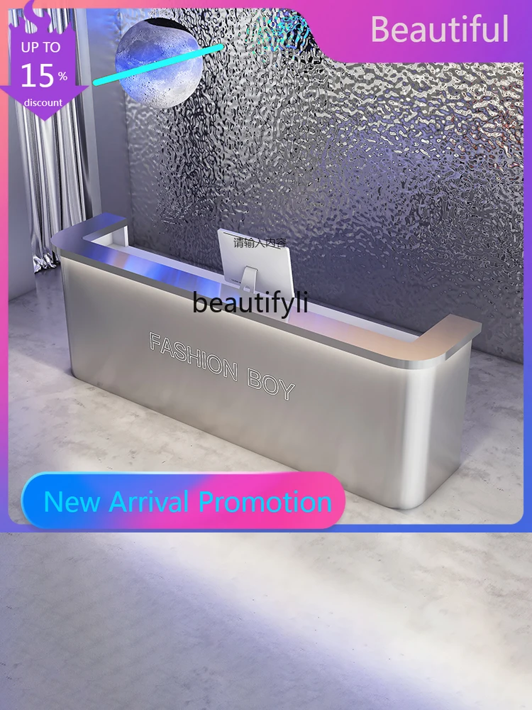 

zzGArc-Shaped Stainless Steel Front Desk Barber Shop Clothing Cashier Desk Advanced Bar Counter