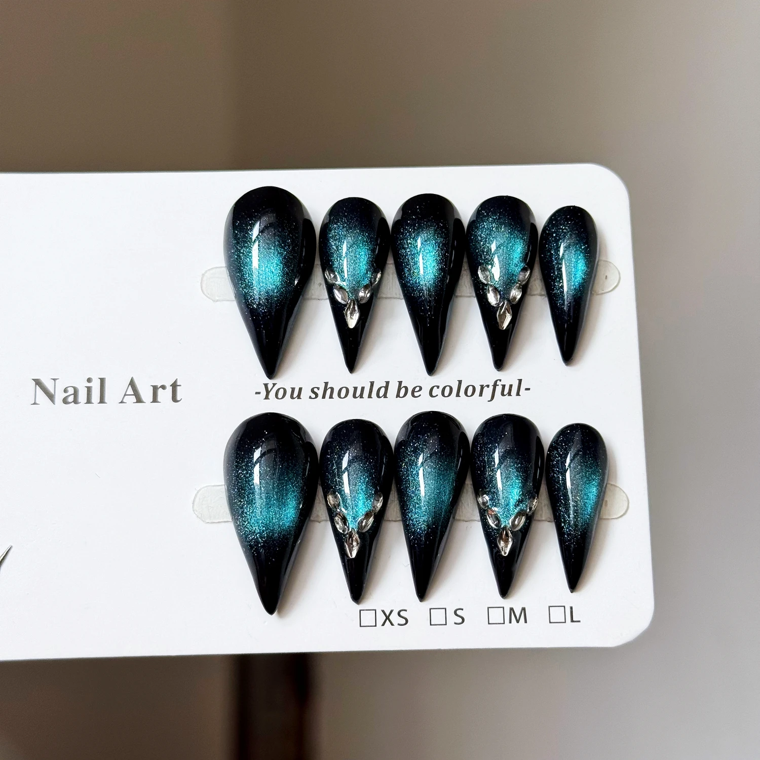 10pcs high-end Fashionable niche design style, peacock blue cat eye, short dragon claw, small diamonds handmade fake nails