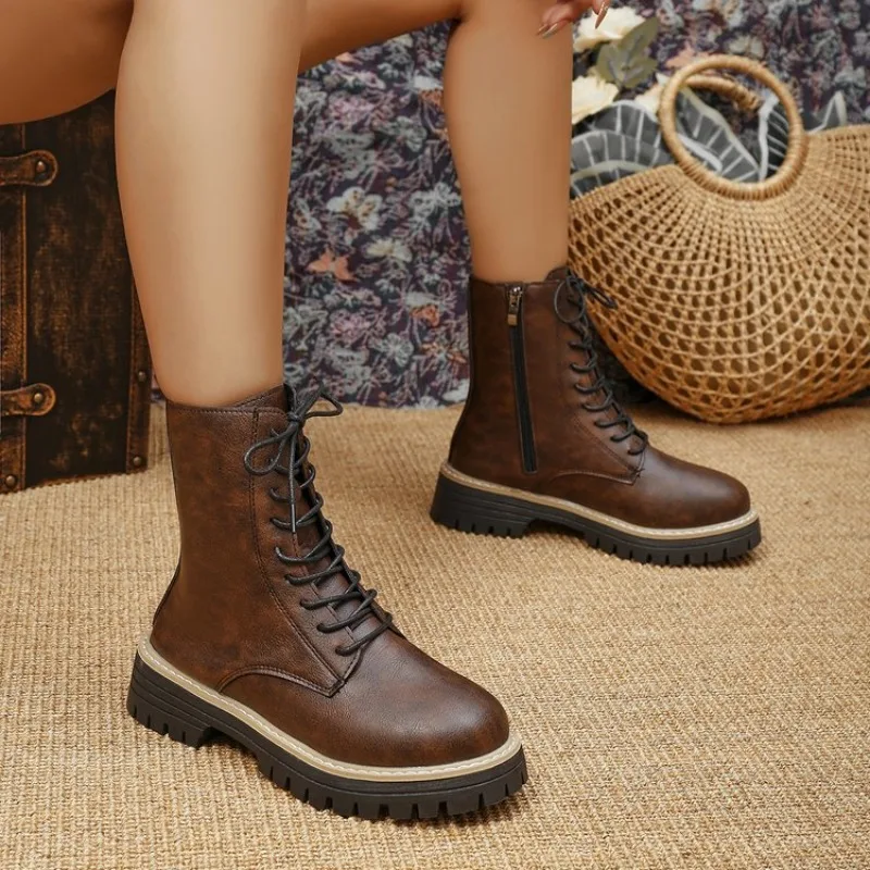 

Autumn new mid length Boots Black anti slip trendy Footwear Fashion laceup boots Ladies thick heeled casual shoes Botas Zapatos