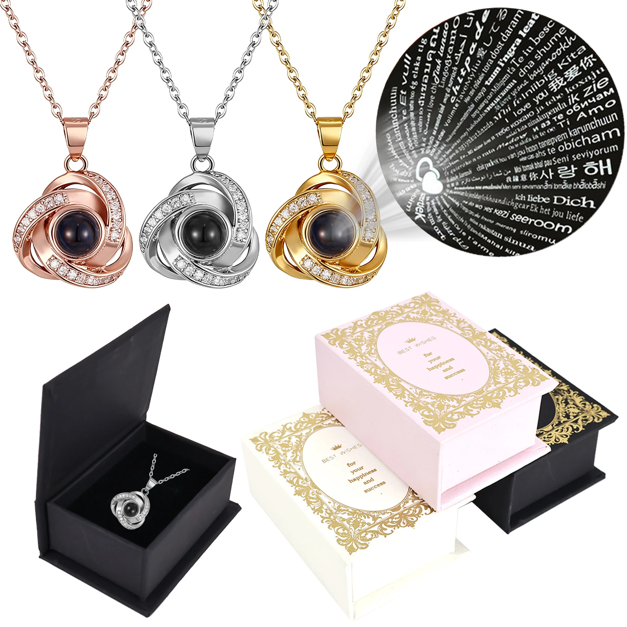 100 Languages Projection Pendant Necklaces With Cute Gift Box For Women Romantic Christmas Valentine Stainless Steel Jewelry