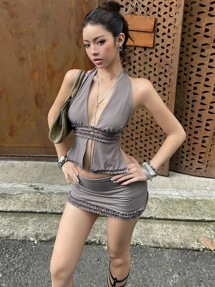 

Weird Puss Sexy Backless 2-Piece Set Women Ruffle Halter Lace-up Bandage Vest+Peach Hip Mini Skirt Music Festival Street Suits