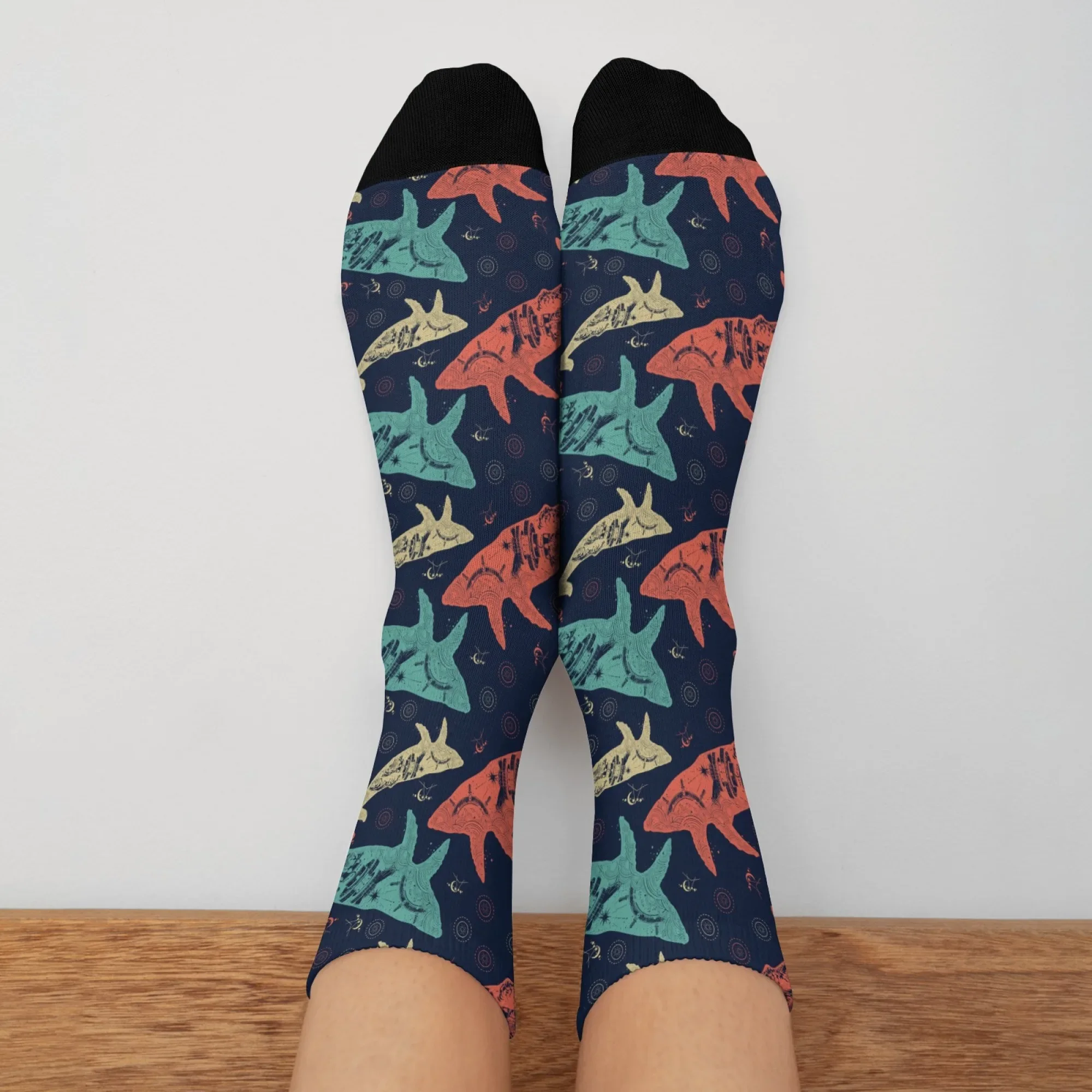 

Creative Abstract Geometric Whale Print Men's Socks Retro Fashion Casual Sports Socks Gift Vintage Style Fitness Travel Cycling