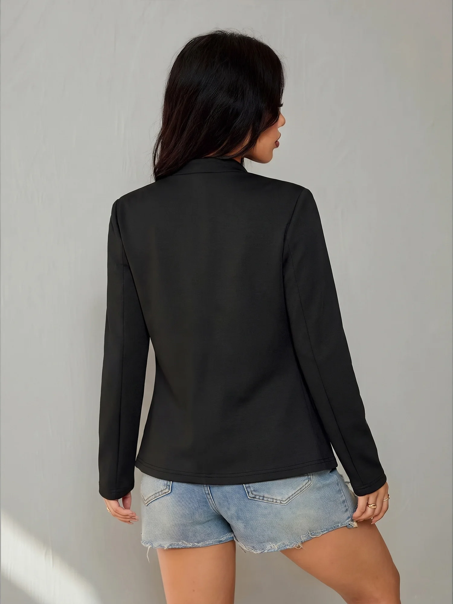 2026 Trendy Women Mandarin Collar Open Blazer Long Sleeve Solid Color Slim Casual Thin Jacket