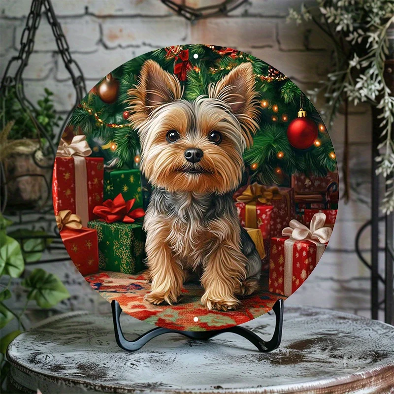 1pc Yorkshire Terrier Yorkie Dog Metal Wall Art Sign - 8x8 Inch Waterproof Aluminum Christmas Tree & Gift Wreath with Yorkshire
