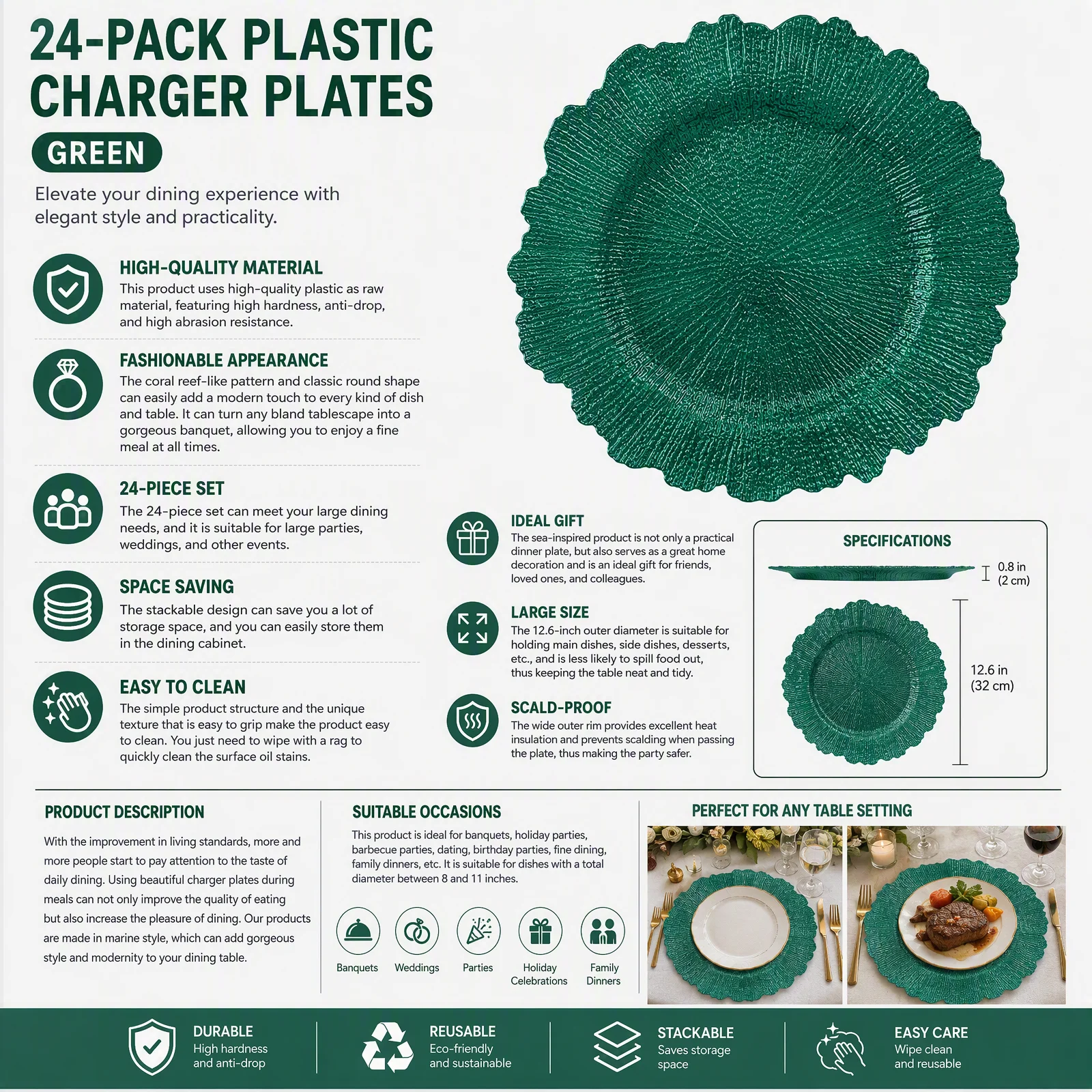 12.6in Charger Plates 24Pcs Plastic Round Dinner Charger Plates with Electroplated Coral Reef Design, Green Decorative Plates for Weddings Parties Banquets
