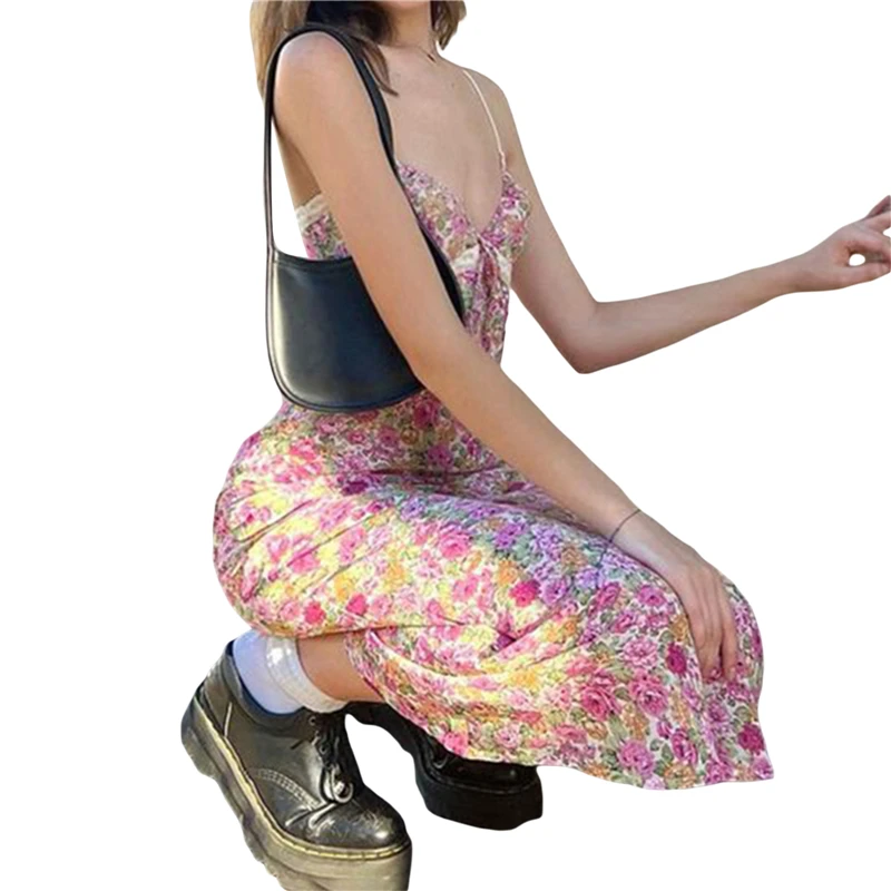 Vestido de noche largo con estampado Floral para mujer, con tirantes finos traje Sexy, sin mangas, ajustado, 2024