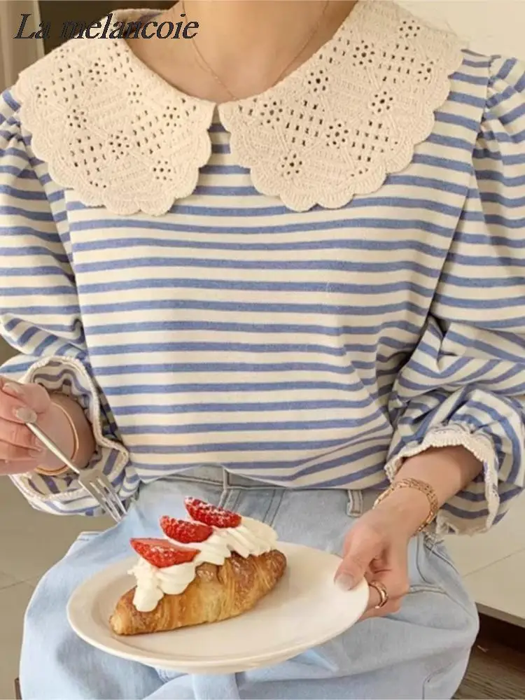 Striped T-shirt For Woman 2024 Spring New Fashion Lace Doll Collar Long Sleeve Loose Tee Shirt Female Vintage Casual Tshirt Top