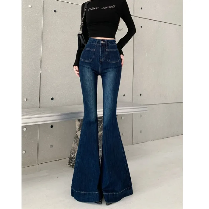 

High Waist Slimming Long Legging Denim Pants Women's Fish Tail Bell Bottom Jeans Casual Standard Fit Four Seasons Blue Cotton
