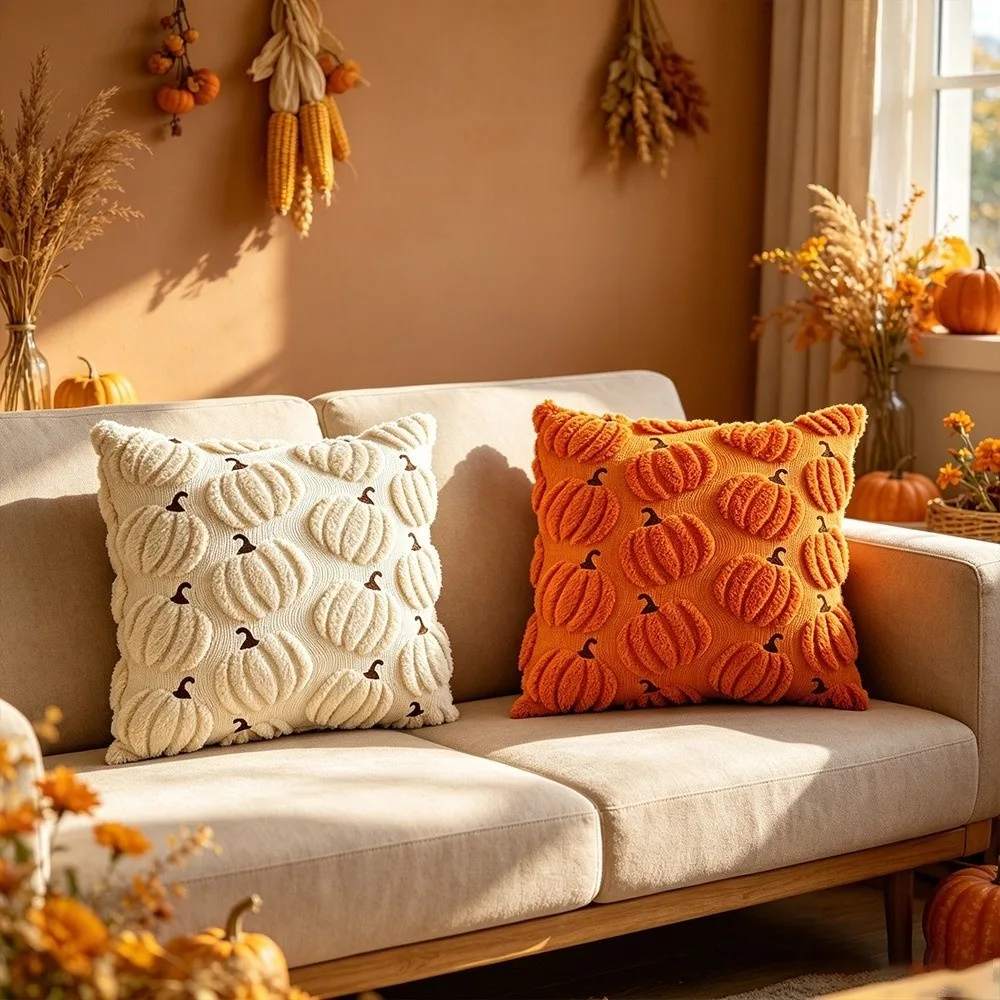New Pumpkin Pattern Plushie Pillow Cases Square Shape Washable Holiday Pillow Cover 18x18inch Cushion Cover Halloween Decor