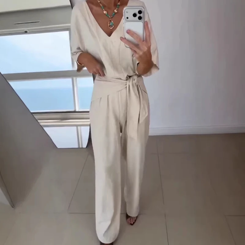 

Summer Elegant Pleat Romper Spring Sexy V-neck Lace-Up Waist Playsuit Women Short Sleeve Women Casual Half Sleeve Solid Jumpsuit