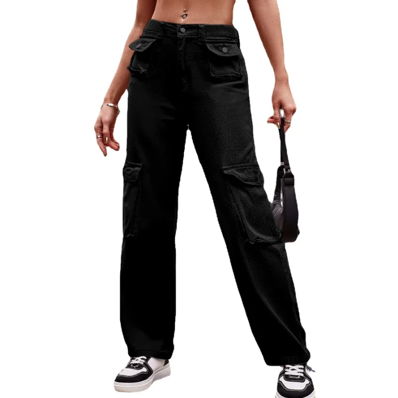 Pop Jesień Wiosna Jeansy Damskie Spodnie Denimowe Vintage Proste Spodnie Moda Damska Białe Czarne Jednolite Luźne Casualowe Szerokie Nogawki