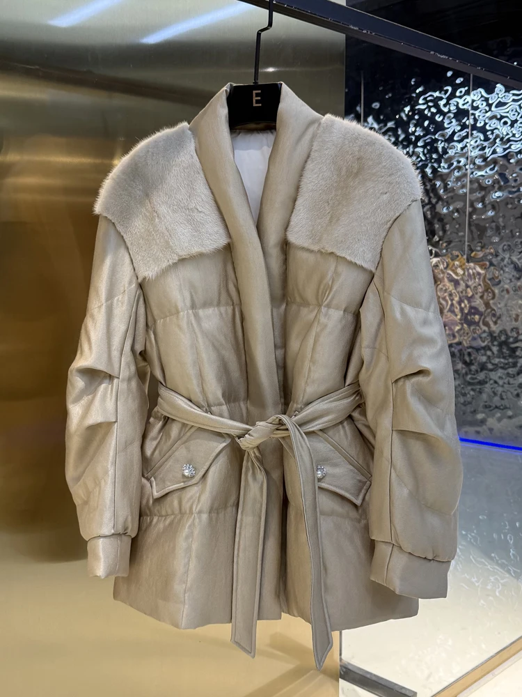 

Thickened Mink Fur Splicing Goose down Jacket Women's Mid-Length V-Neck Coat New Winter Fashion Outerwear Warm Long Sleeve