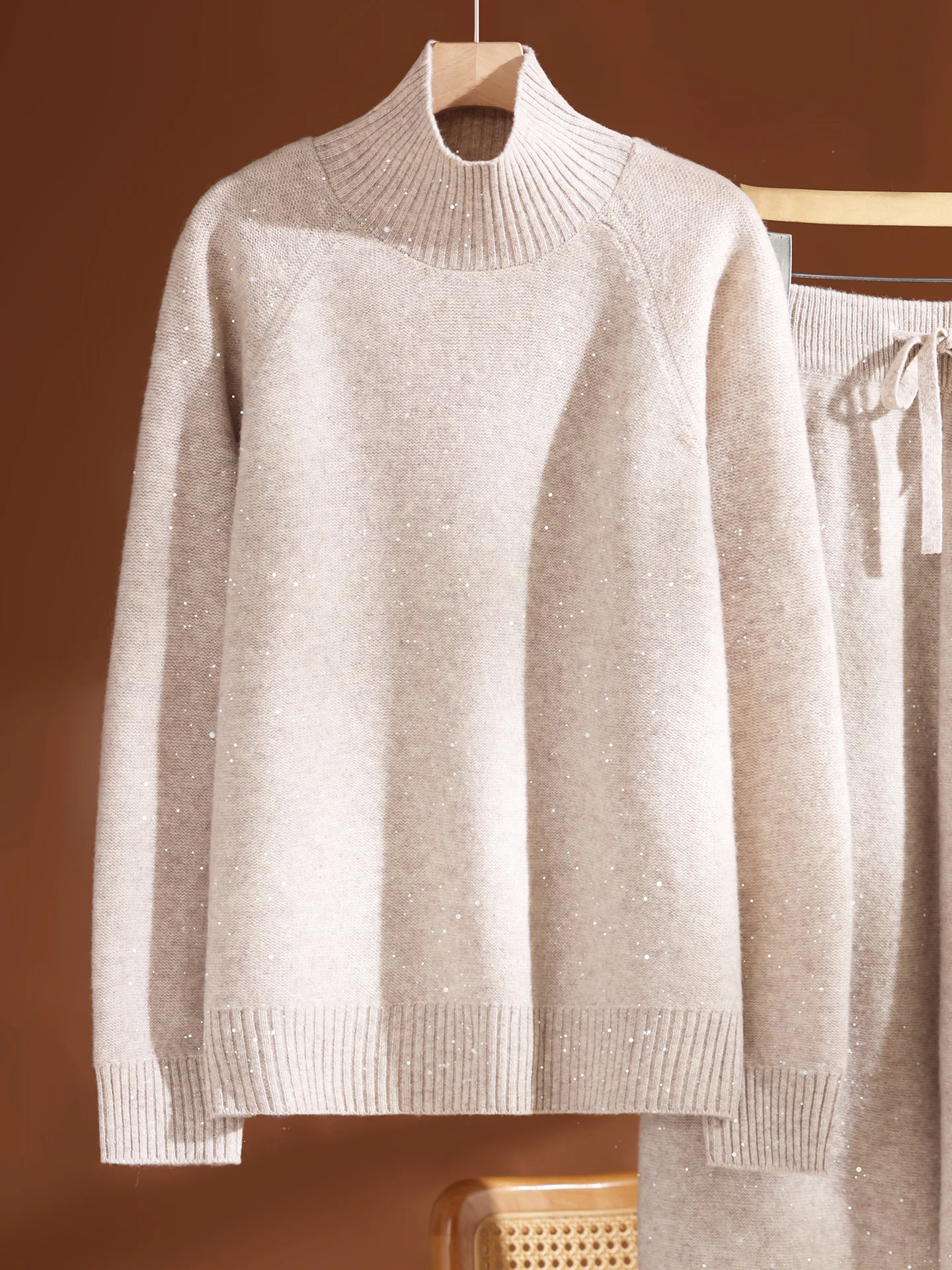 Women 100% Merino Wool Autumn Winter Mock-Neck Pullover Sweater Sparkle Knit Raglan Sleeve Solid Color Loose Solid Jumper Tops