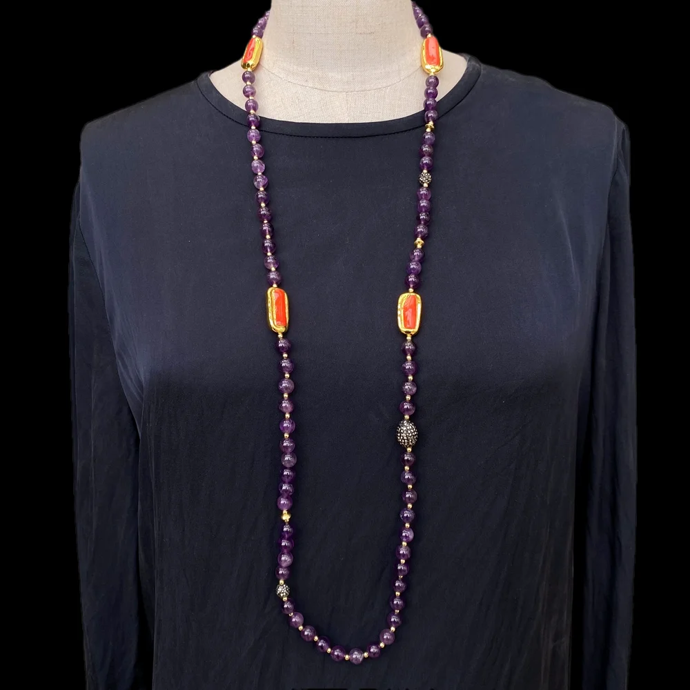 

YYGEM Natural 8mm Round Purple Amethyst Orange Coral Layered Long Necklace 39"Bohemia Gemstones Jewelry