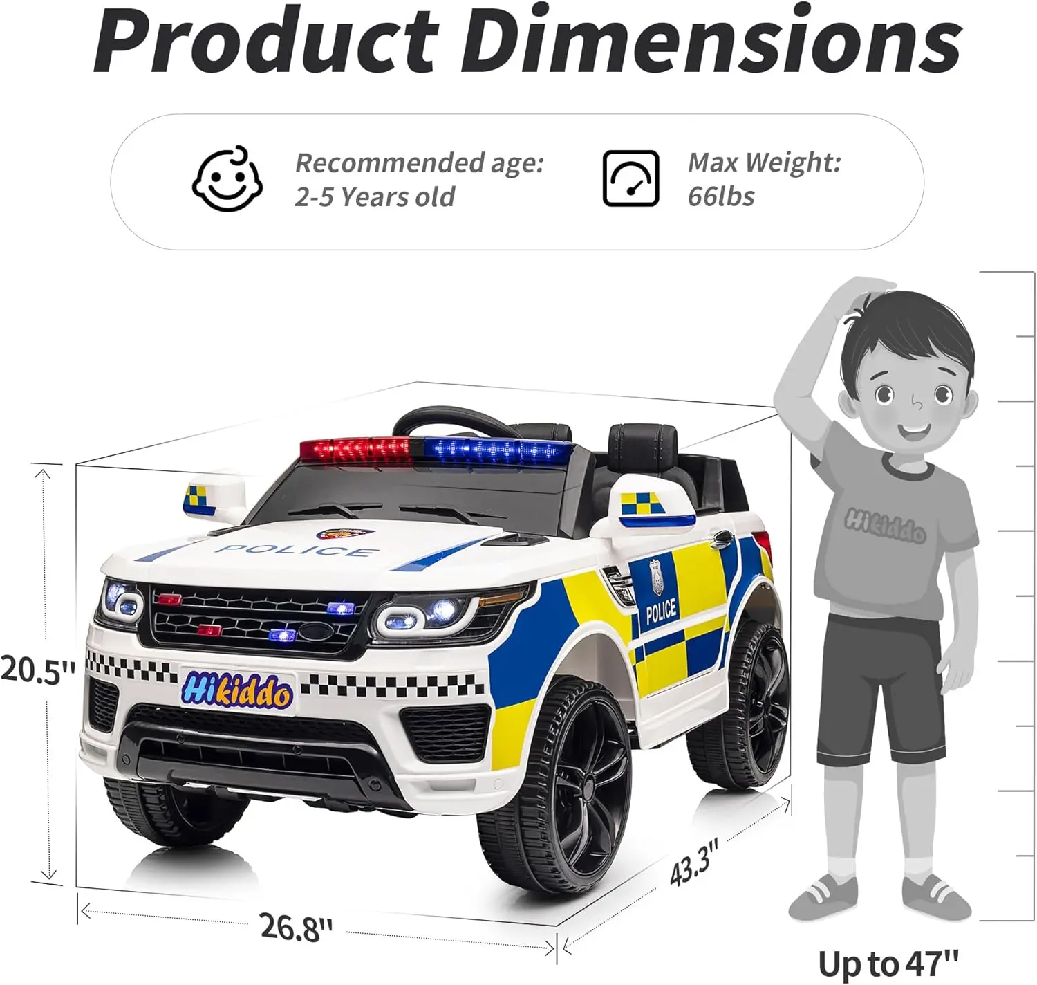 어린이용 전기 경찰차, 24V 어린이용 장난감 자동차(리모컨 포함), 400W 모터 - 흰색