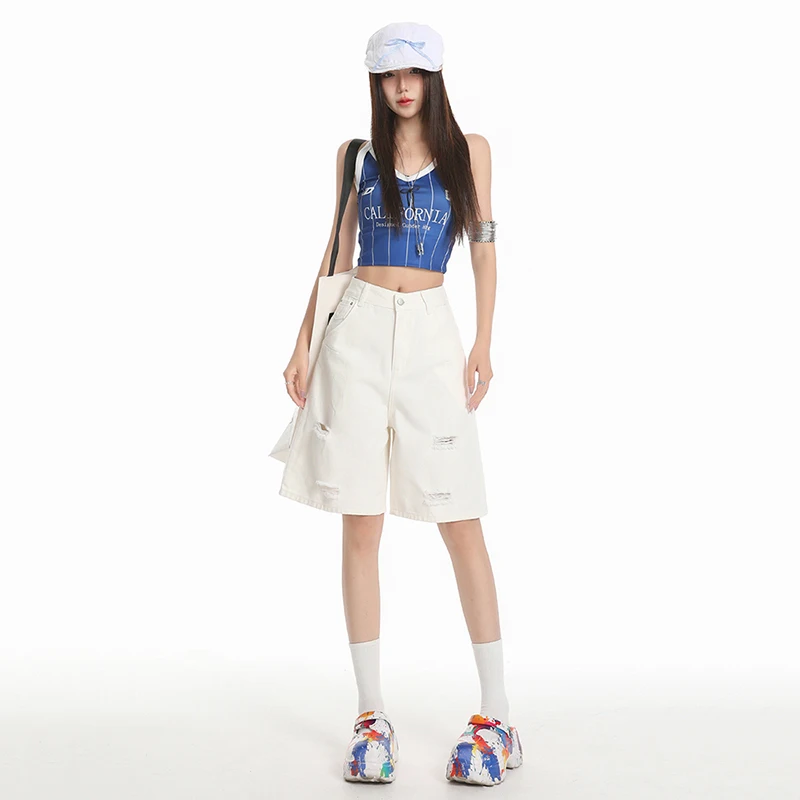

American Retro Ripped High Waist Straight Denim Shorts Women'S Summer Loose Easiest Match Five-Fifth Pants High