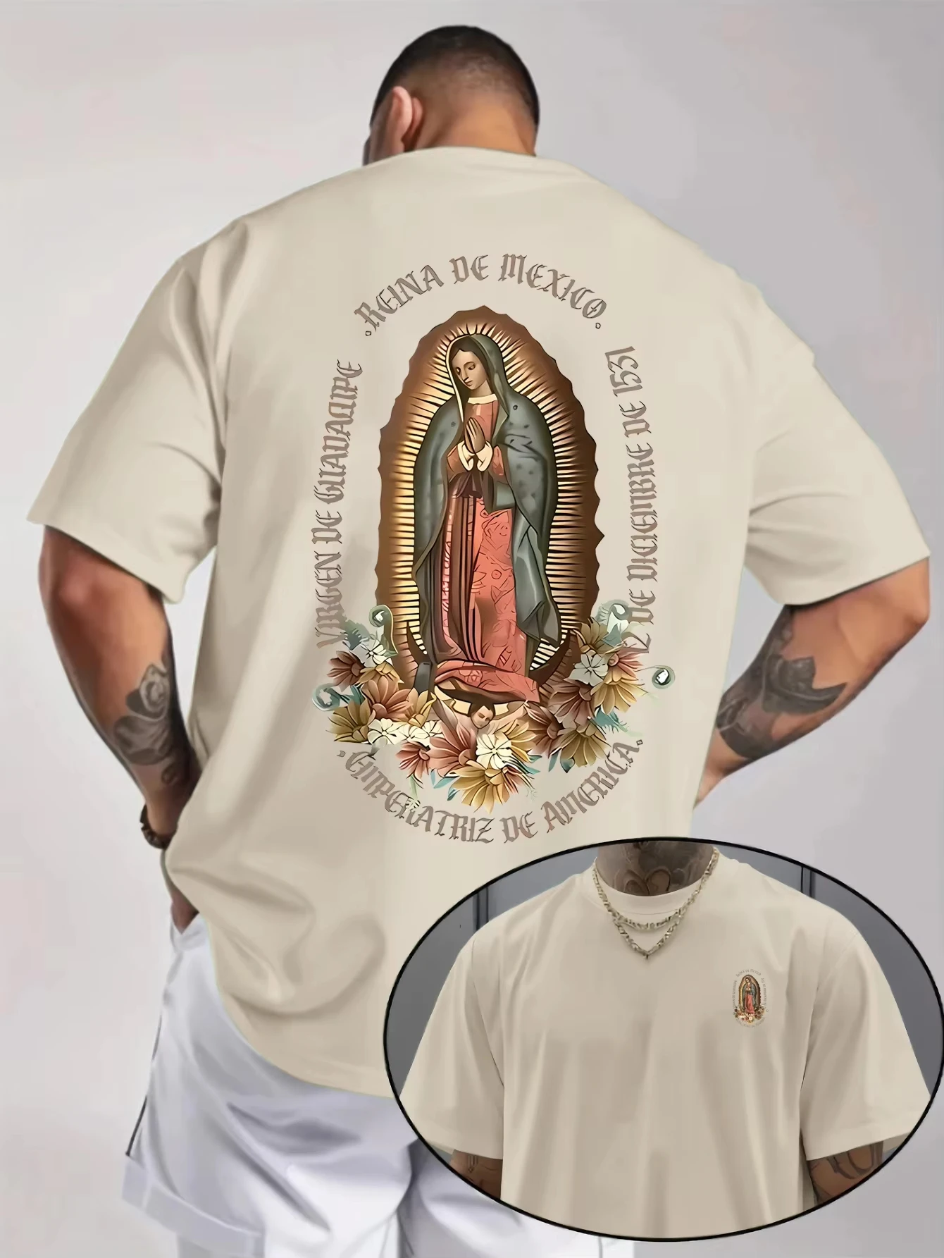 Men's Religious T-Shirt With A Floral 3D Print Of Our Lady Of Guadalupe Suitable For Summer Daily Wear And Special Occasions