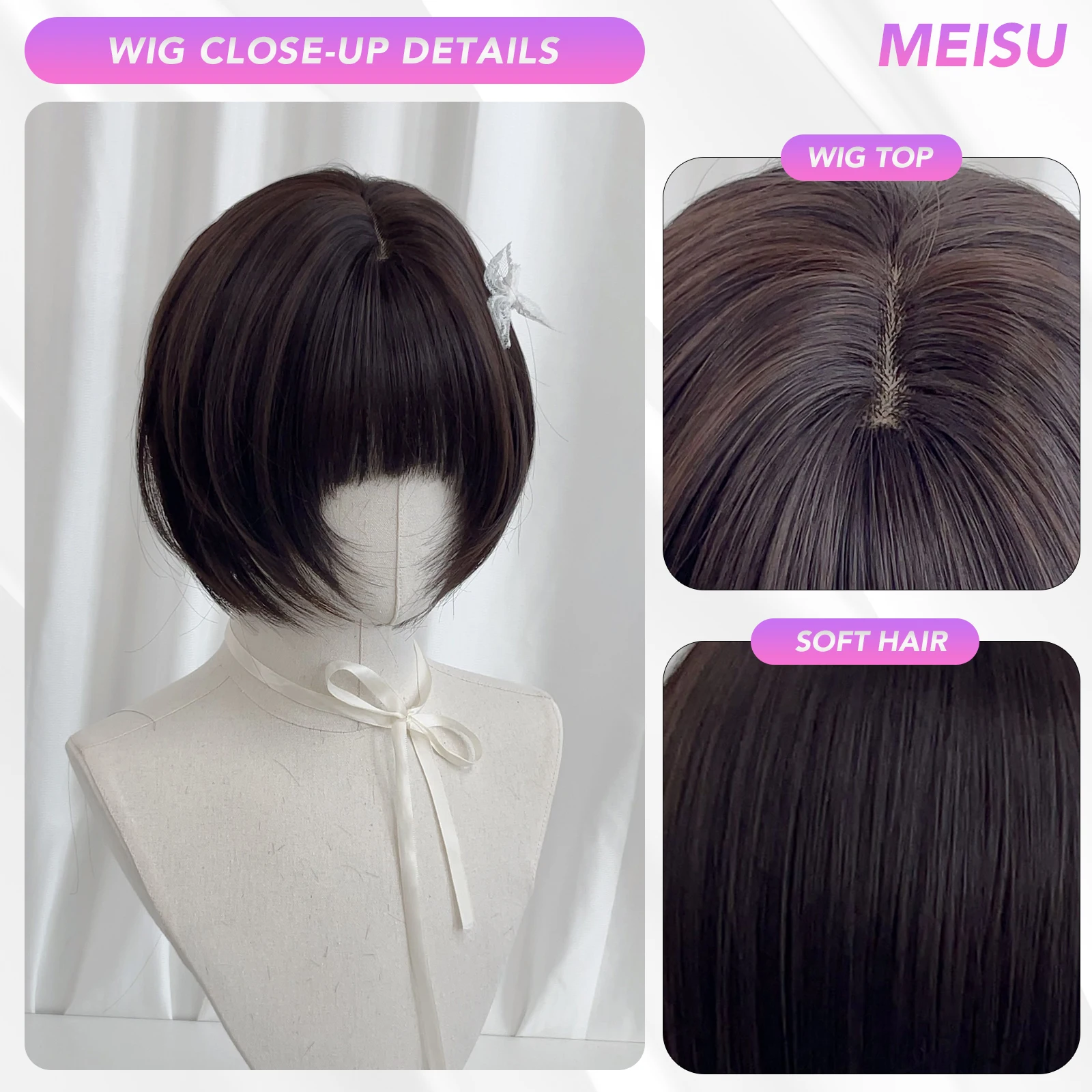 MEISU 10 بوصة قصيرة بوبو الانفجارات شعر مستعار الشاي الأسود الألياف الاصطناعية مقاومة للحرارة الطبيعية وسلسة Selfie حفلة للنساء