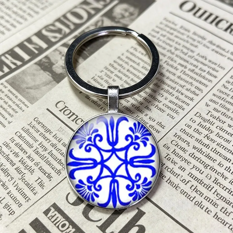 Vintage Chinese Symmetrical Bloom Dome Glass Cabochon Key Ring, Classic Blue Ink Floral Craft Accessory