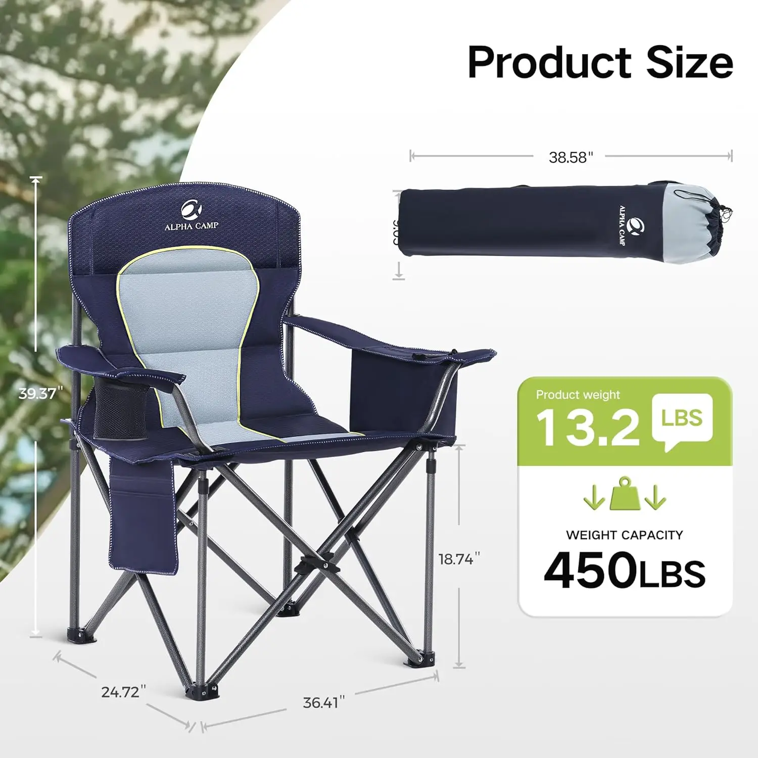 Folding Camping Chairs Oversized Heavy Duty Lawn Chair with Cooler Bag, Cup Holder, Storage Pocket, Collapsible Padded Outdoor