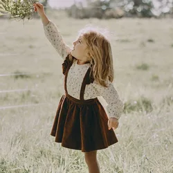 Vintage Corduroy Girl's Back Cross Strap Dress 2026 Autumn New Solid Color Lace Suspenders A-line Dresses Children's Clothing