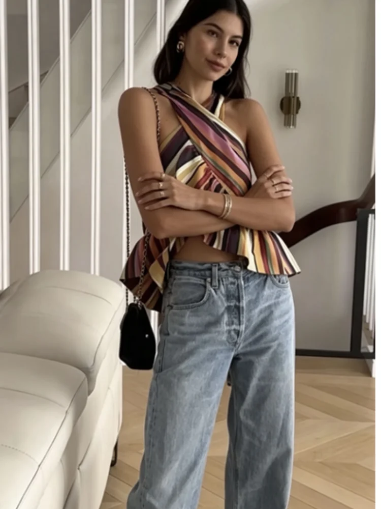 Sexy Striped Women's Vest Halter Sleeveless Ruffles Irregular Lady Vest 2026 Summer Female Street Vacation Tops New